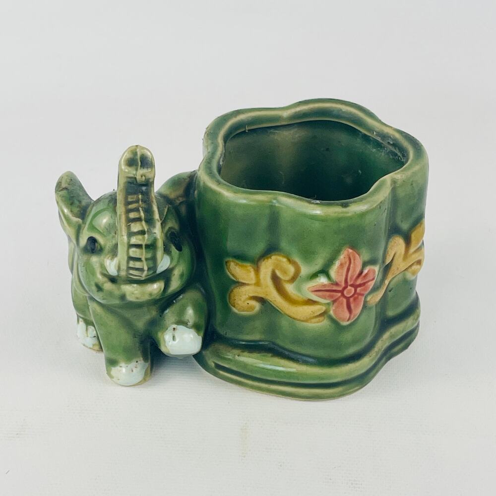 Vintage Elephant Small Planter Green Glaze Ceramic Figurine Trunk Up
